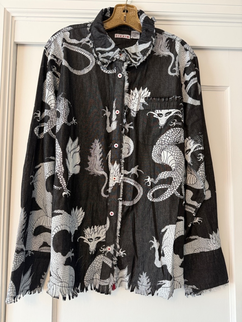 Tizzie Black Dragon Print Button-Up Blouse